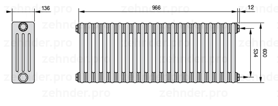 Схема (чертеж) Радиатор Zehnder Charleston 4060/21 №7610 Белый глянцевый RAL 9016
